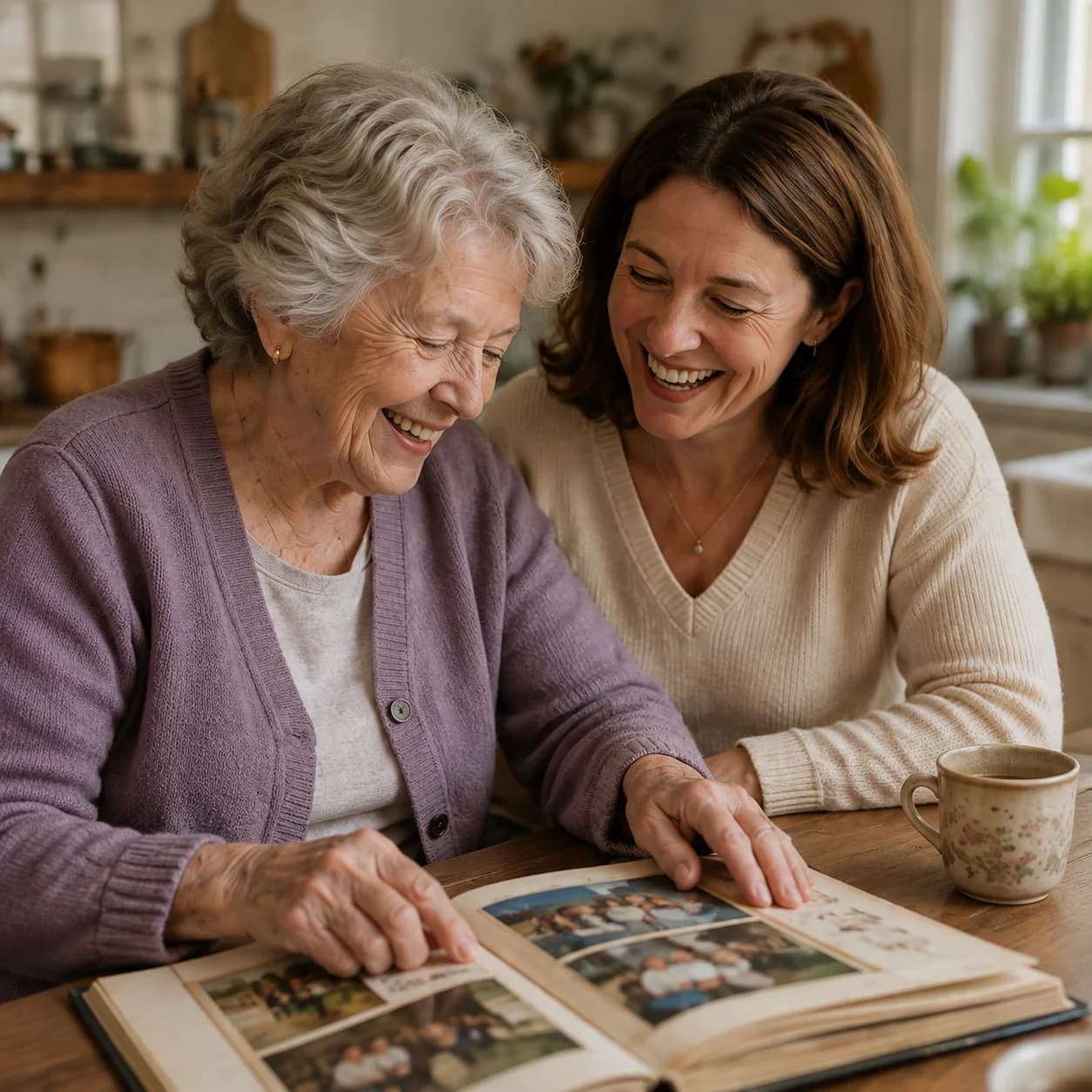 A mother and daughter laughing together over a family photo album